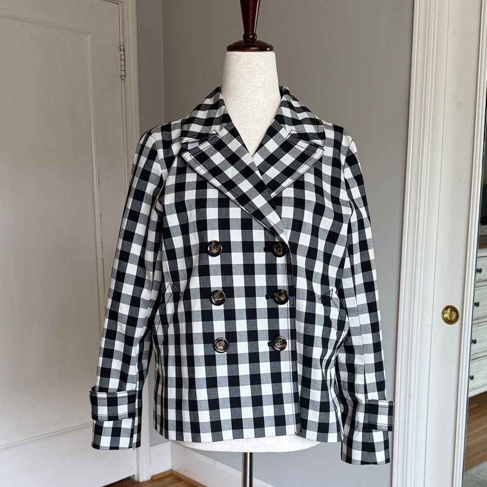 Ann Taylor Black & White Gingham Double-Breasted Peacoat